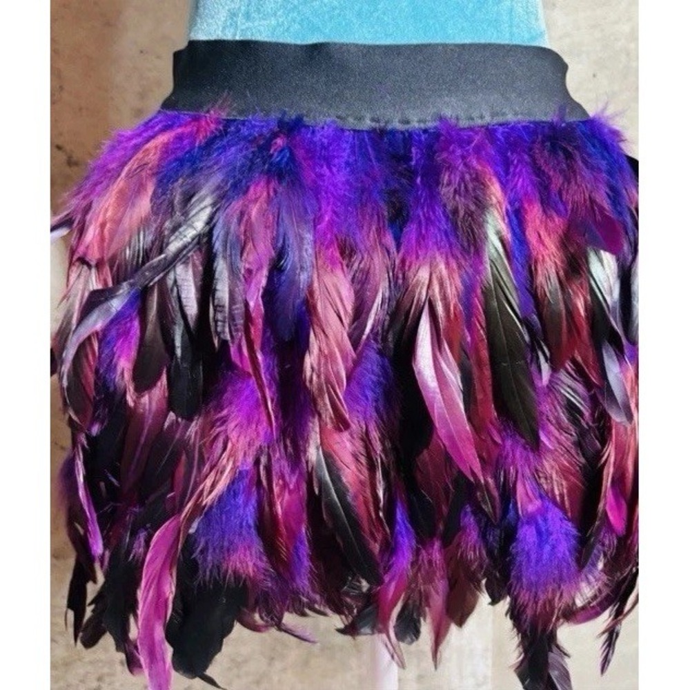 Festival Feathers Mini Skirt Cosplay Rave Burlesque Elastic Waist Purple Blk  XL
